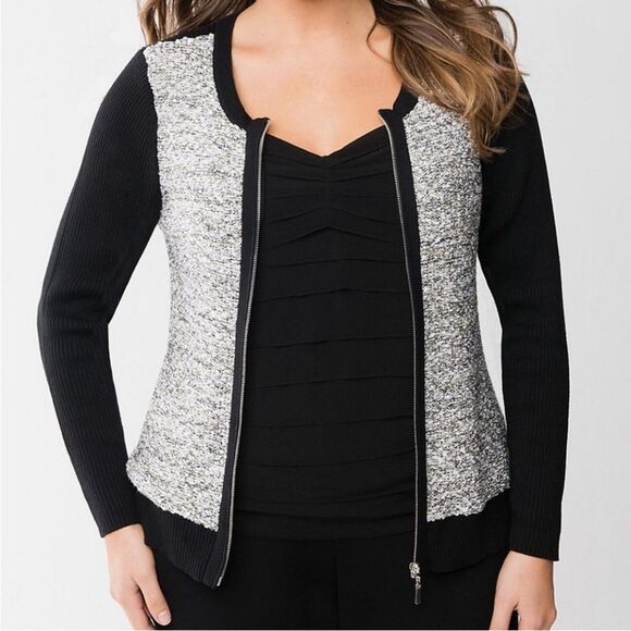 Lane Bryant Sequin Front Zip Up Moto Bomber Cardigan Black Rib Knit Women 18/20 - Picture 2 of 14